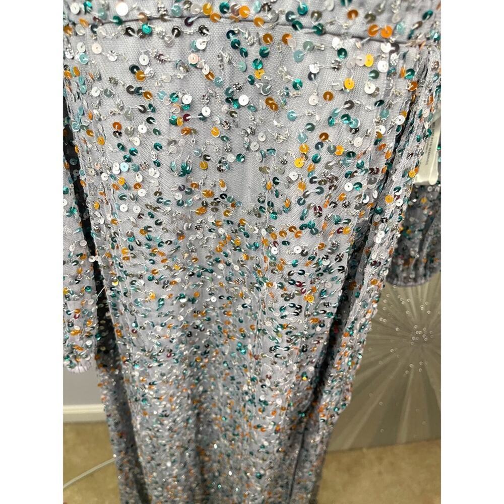 MAC DUGGAL Multi Colored Sequin Silver Long Sleeve Maxi Gown Size 16 - Picture 6 of 9